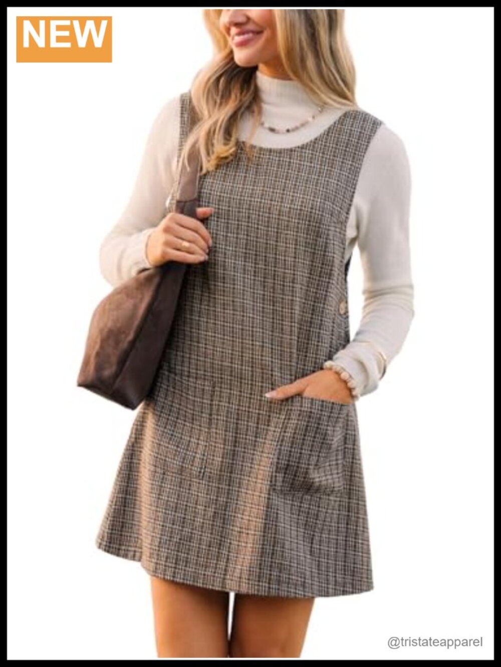 Houndstooth Pinafore Overall Mini Dress Sleeveless Side Button